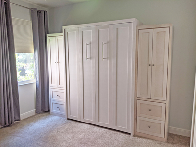Custom Shaker 4 Panel Vertical Murphy Wall Bed with Custom Side Cabinets