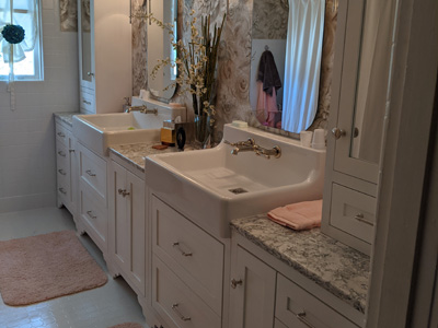 Custom Bathroom Vanity Cabinets & Hutches Shaker style doors in solid bright white on maple