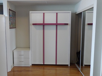 Savona Two-Tone Shelf Murphy Wall Bed with Nightstand in Solid Bright White and Plum on Maple