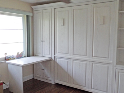 Traditional Murphy Wall Bed with Hidden Desk / Table, Snack Trays, Block Legs shown in Whitewash on Oak