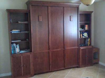 Savona Murphy Wall Bed and Side Pier Cabinets shown in Red Mahogany on Maple