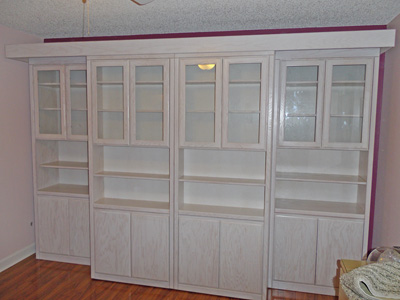 Savona Murphy Wall Bed Sliding Library Cabinet Hutches and Side Hutches shown in Whitewash on Oak