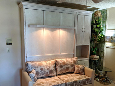 Savona Queen Sofa Murphy Wall Bed and Side Pier Cabinet, Crown Molding  with Lighted Shelf Leg shown in Whitewash on Oak