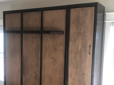 Savona Two-Tone Murphy Wall Bed with Shelf Leg and Wardrobe Cabinet shown in Custom Stain and Java on Maple