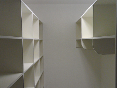 All Wood Modern Custom Walk-In Closet with Rods and Shelf Cubbies