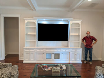 Custom Mission Style Entertainment Center with Flat Trim, Crown Molding shown in Pure White on Maple and Brushed Nickel Knobs