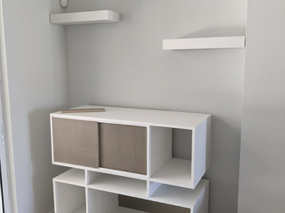 Custom Record Player Cabinet and Floating Shelves with Album Cover Holder shown in Solid Bright White and Heavy Gray on Maple
