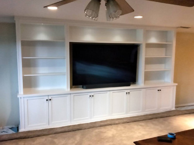 Custom Media / Entertainment Center Custom Mission Shaker TV Cabinet with 3 Openings and 3 Flat Panel Shaker Doors, Flat Trim and 3