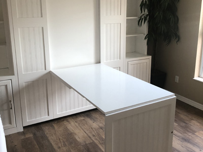 Mission Beadboard Murphy Wall Bed with Center Panel Hidden Table, Block Legs and Crown Molding shown in Solid Bright White on Maple