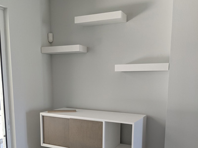 Custom Record Player / Turntable / Music Cabinet and Floating Shelves with Album Cover Holder shown in Solid Bright White and Heavy Gray on Maple