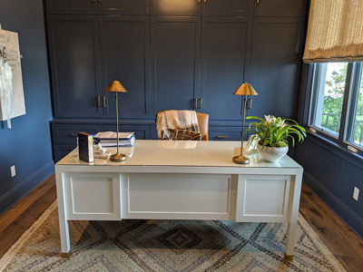 Custom Panel Desk, Filing Cabinets & Custom Blue Storage Home Office