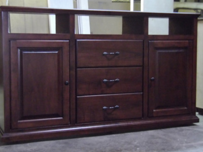 Traditional TV Console with Drawers and Cabinets with Adjustable Shelves Shown in Cherry on Maple