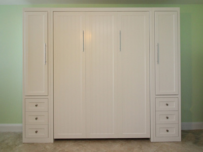 Shaker 3 Panel Murphy Wall Bed with Flat Trim, 3 Long Beadboard Shaker Panels, Hidden Leg, Long Nickel Bar Handles, Custom Shaker Beadboard Wall Bed Cabinets with Panel Drawers on Bottom, Long Beadboard Door Above shown in Solid Bright White on Maple