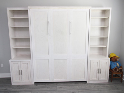 Shaker 5 Piece Murphy Bed Wall Bed with Hidden Leg and Side Pier Cabinets Shown in Whitewash on Oak
