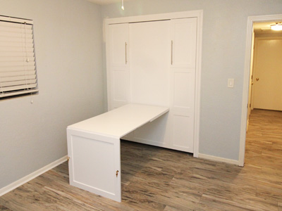 Custom Built-In Square Shaker 9 Panel Murphy Wall Bed, Hidden Panel Desk shown in Solid Bright White on Maple shown in Solid Bright White on Maple