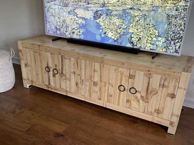 Custom Mid Century Modern Shaker Credenza TV Stand with 4 Flat-Slab Doors, Flat Trim shown in custom clear stain and lacquer on Solid Knotty White Pine