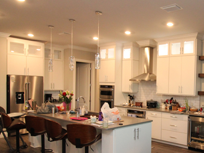 Custom Modern Kitchen Upper Cabinets Only with Wood Frame and Glass Doors shown in Solid Bright White on Maple