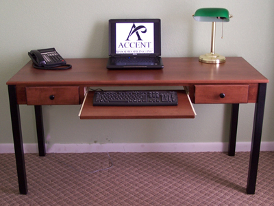 Savona Two-Tone Notebook Desk with Keyboard Drawer Shown in Mahogany on Maple with Black Legs