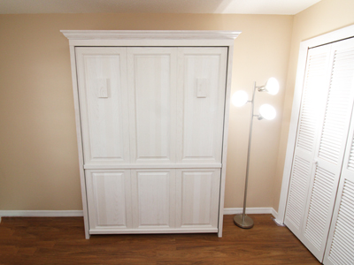 TTraditional Murphy Wall Bed with Standard 2 Block Legs with Crown Molding Shown in Whitewash on Oak