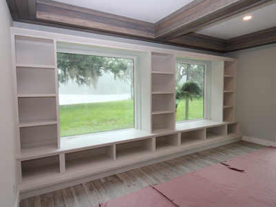 Built-In Custom Open Window Seat, Cabinets and Tall Open Bookcases with Flat Trim and 6