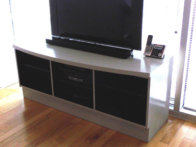 Custom Modern / Euro Open TV Console with 3 Openings, Adjustable Shelves shown in Custom Light French Gray and Black Inside with Black Backing
