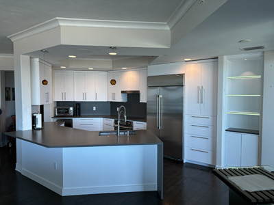 Custom Modern Kitchen Cabinets with Quartz Countertops shown in White True Matte on Maple