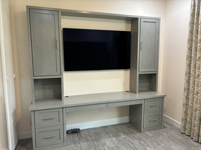 Custom Shaker Double Pedestal Desk with 2 Pencil Drawers, 4 File Drawers shown in Soft Gray on Maple with Nickel Pulls