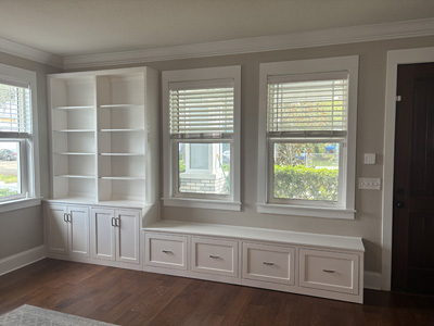 Custom Built-In Hutch and Window Seat Shown in Accent Bright White on Maple with Nickel Pulls