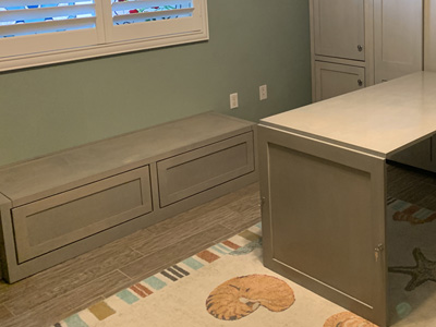 Square Shaker Banquette Window Seating with Storage shown in Soft Gray on Maple
