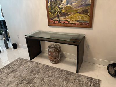 Reclaimed Wood Project: Custom Desk Built with Customer Provided Wood from Bookcase Includes Low Iron Glass Inset in Center and Low Iron Glass Top