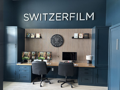 Custom Office Furniture and Cabinets Shown in Custom Dark Night and Golden Sand on Maple