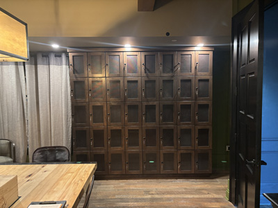 Custom Commercial Bookcase Lockers with Wood Frame Doors with Antique Brass