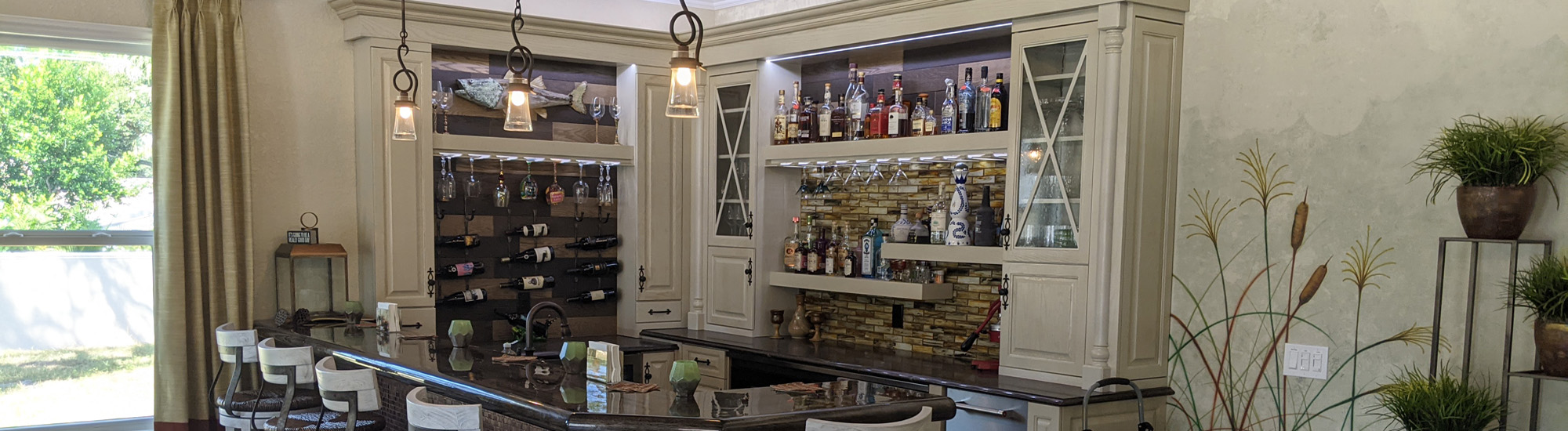Bar Custom Cabinetry & Floating Shelves shown in Custom Greenish White on Hickory from Accent Woodworking Largo Florida banner