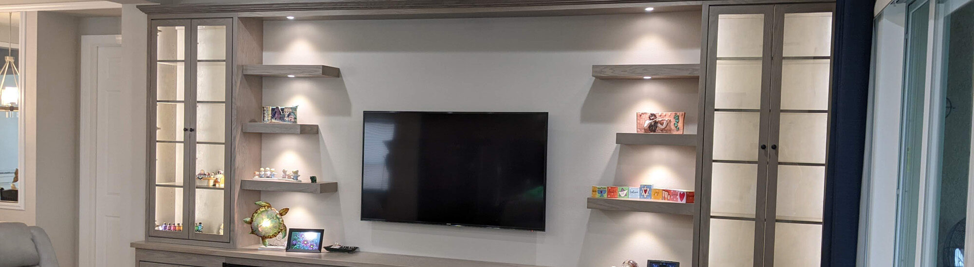 Custom Entertainment Center Barn Door Floating Shelves Banner Logo Accent Woodworking Tampa Bay