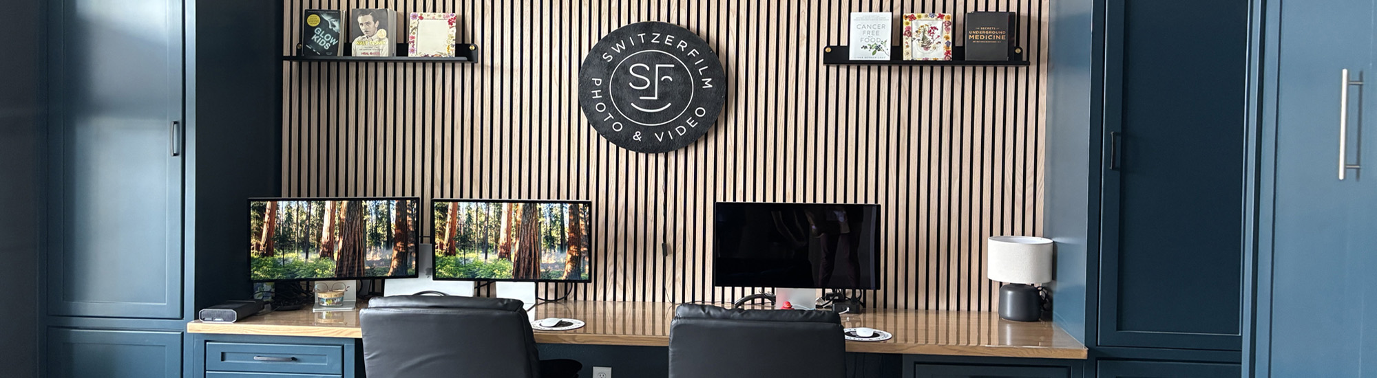 Custom Office Furniture and Cabinets shown in Shown in Custom Dark Night and Golden Sand on Maple Banner Accent Woodworking Largo Florida