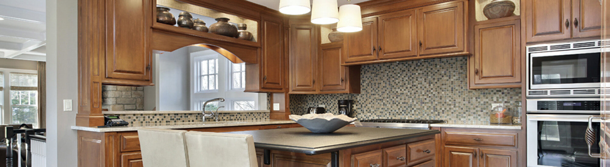 Custom Traditional Kitchen Cabinets Island Soft Pecan on Maple from Accent Woodworking Banner
