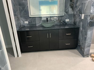 Custom Modern Bathroom Vanity Cabinet shown in Java on Maple