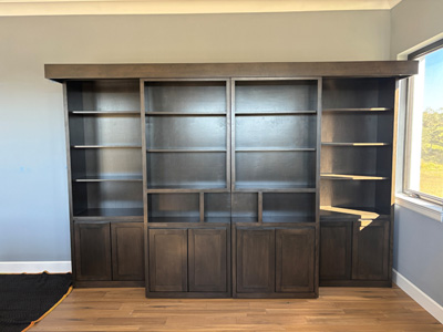 Shaker Sliding Library Murphy Wall Bed Group with Side Cabinets and Nightstand Bookcases shown in Custom Espresso Stain on Maple