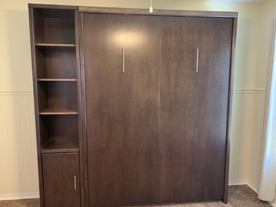 Siena Murphy Wall Bed with 2 Bronze Bar Pulls, Hidden Flip Down Legs and Side Pier shown in Espresso on Maple