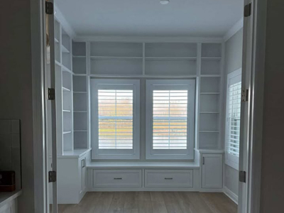 Custom Shaker Window Seat with Drawers, Open Side Cabinets with Flat Trim and 3