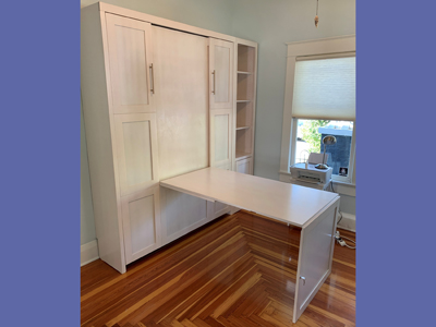 Shaker Queen Murphy Wall Bed with Hidden Fold Down Panel Desk, 9 Shaker Panels and Side Pier Cabinet shown in Whitewash on Maple