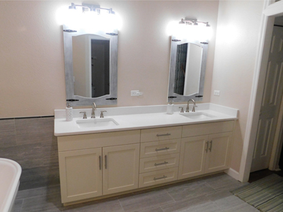 Custom Shaker Double Sink Bathroom Vanity shown in White Duck on Maple
