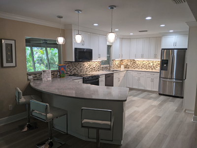Custom Shaker Kitchen with Crown Molding shown in Bright White on Maple with Nickel Arch Pulls