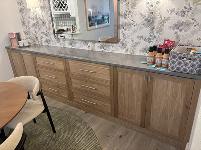 Custom Shaker Credenza with Soft Close Doors and Drawers shown in Natural Stain on White Oak and Maple