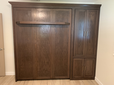 Shaker 3 Panel Murphy Wall Bed with Shelf Leg and Side Pier Cabinet with Hidden Desk shown in Espresso on Oak