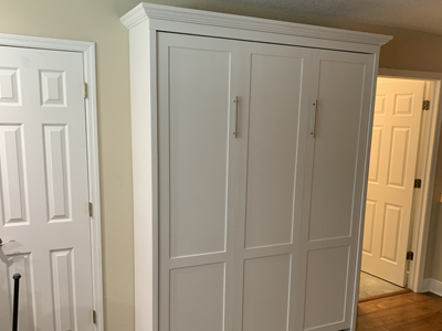 Shaker Panel Queen Vertical Wall Bed shown in Bright White on Maple