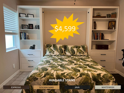 Savona Queen Vertical Wall Bed with Hidden Flip Leg, 2 Long Black Bar Handles on Bed Face, Side Storage Pier Cabinets shown in Solid Bright White on Maple