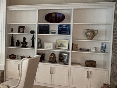 Custom Shaker Built-In Bookcase with Crown Molding shown in Bright White on Maple