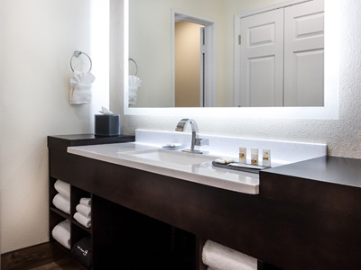Custom Commercial Modern Bathroom Vanity with open shelving shown in espresso on birch