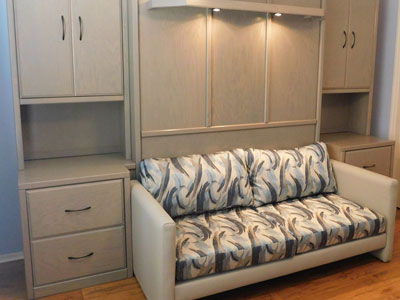 Savona Sofa Murphy Wall Bed & Cabinets with Lighted Shelf Leg in Heavy Gray on Oak